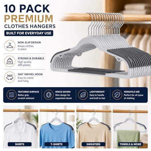 Zollyss Plastic Clothes Hangers - Space Saving Dry & Wet Hangers with Non-Slip Pads - Heavy Duty Coat, Suit, Underwear, Pants, Shirts - 10 Piece, Grey - Image 2