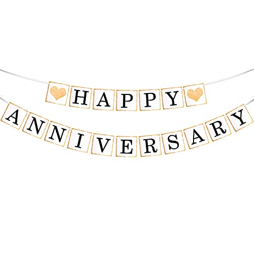 Festiko®Happy Anniversary Banner - Gold Foiled for Wedding Anniversary Party Decoration White - Image 1