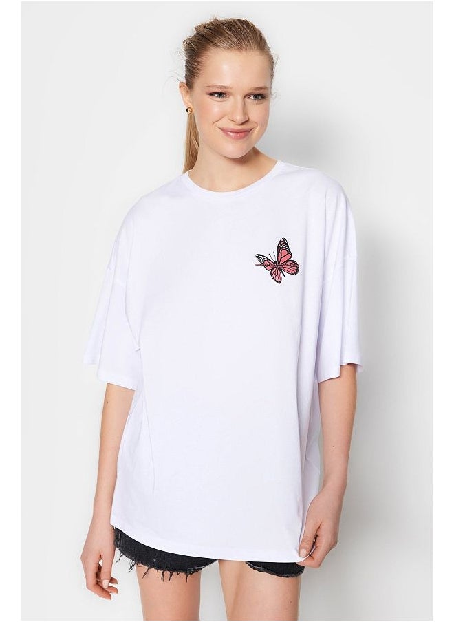 trendyol White 100% Cotton Chest and Back Printed Oversize Knitted T-Shirt  - Image 1