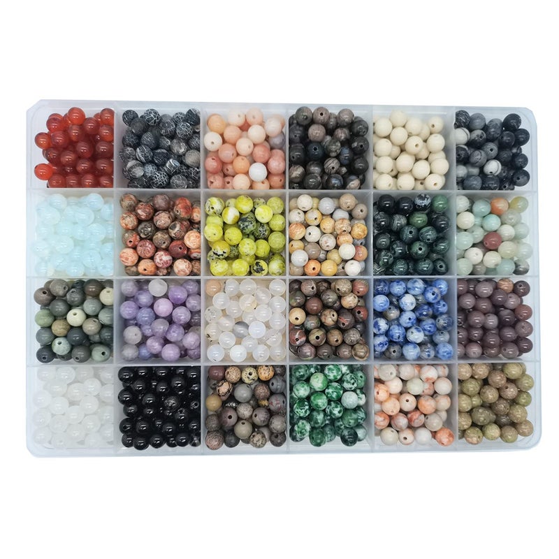 1200 قطعة 6 مم خرز حجري دائري طبيعي حجم ثقب 1 مم DIY ناعم لصنع الأساور والقلائد والأقراط ومجوهرات التعبئة في صندوق 24 مادة