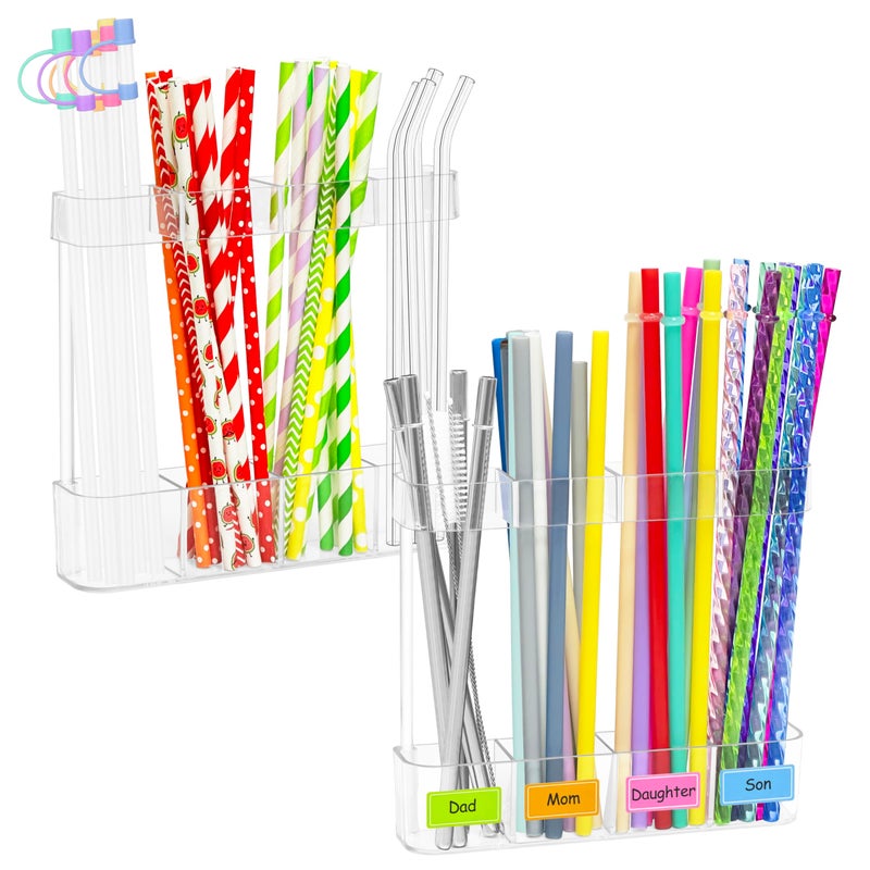 Spaclear Acrylic Straw Holder for Cabinet Door - Reusable Straw Storage Organizer with Ultra Sticky Adhesive, Space-Saving Straws Organizer for Kitchen Cupboard Counter Straws Container, 2 Pack - Image 1
