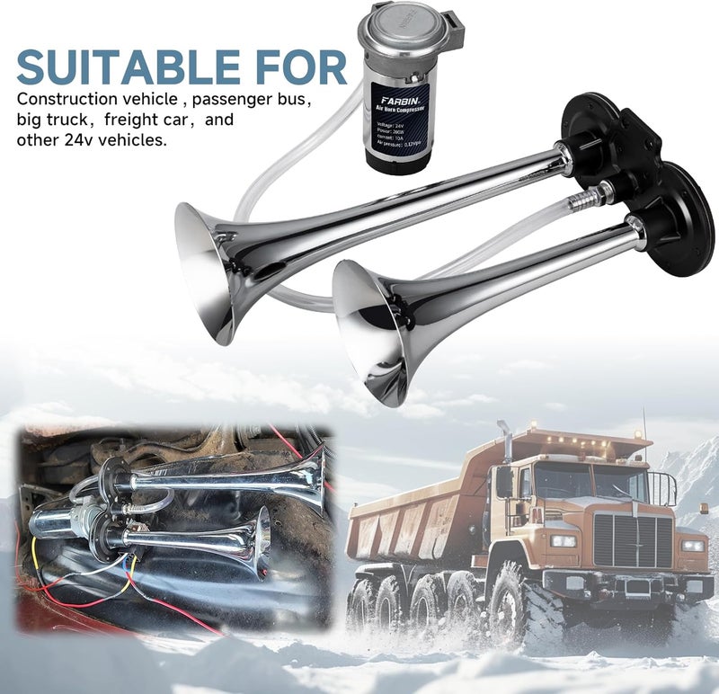 FARBIN بوق هواء فربين 24 فولت عالي الصوت مع بوق مزدوج من الزنك المطلي بالكروم وضاغط - Image 2