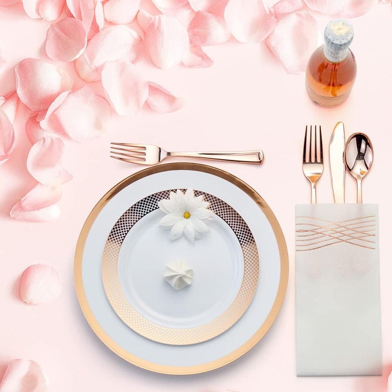By Madee PREMIUM Elegant Disposable Dinnerware Set - 175 Pc Rose Gold Plastic Plates and Utensils Set with Luxury Napkins - Perfect as Pink Christmas Plates, Weddings, Bridal & Baby Shower (25 Guests) - Image 4