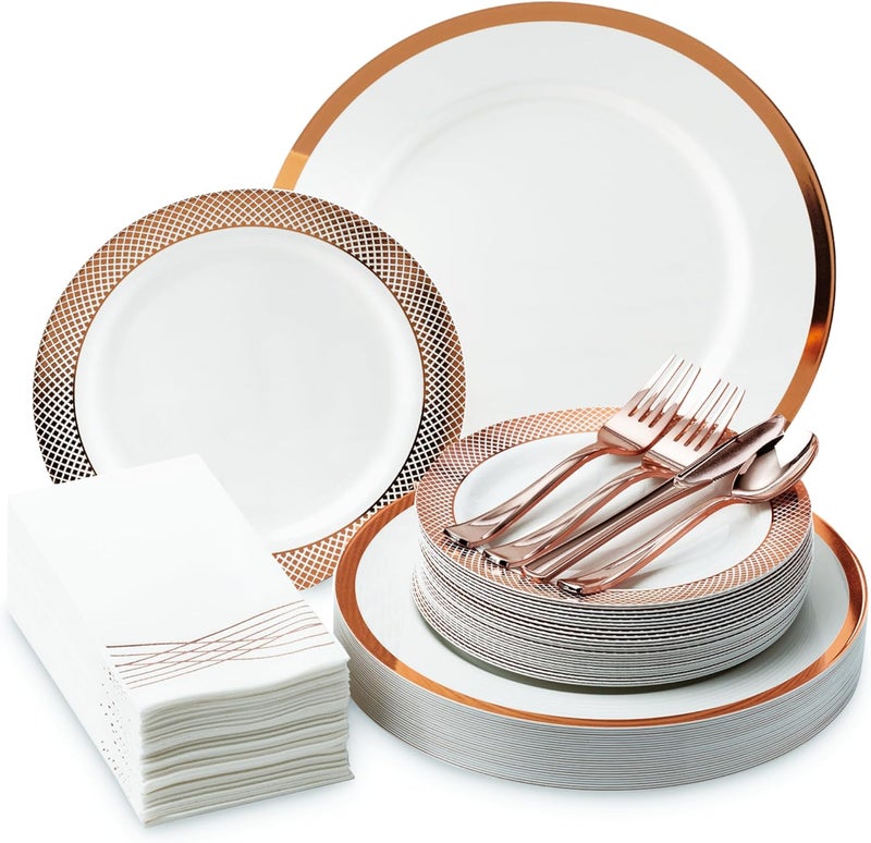 By Madee PREMIUM Elegant Disposable Dinnerware Set - 175 Pc Rose Gold Plastic Plates and Utensils Set with Luxury Napkins - Perfect as Pink Christmas Plates, Weddings, Bridal & Baby Shower (25 Guests) - Image 1