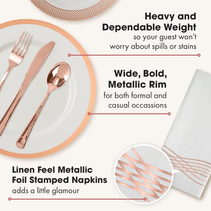 By Madee PREMIUM Elegant Disposable Dinnerware Set - 175 Pc Rose Gold Plastic Plates and Utensils Set with Luxury Napkins - Perfect as Pink Christmas Plates, Weddings, Bridal & Baby Shower (25 Guests) - Image 3