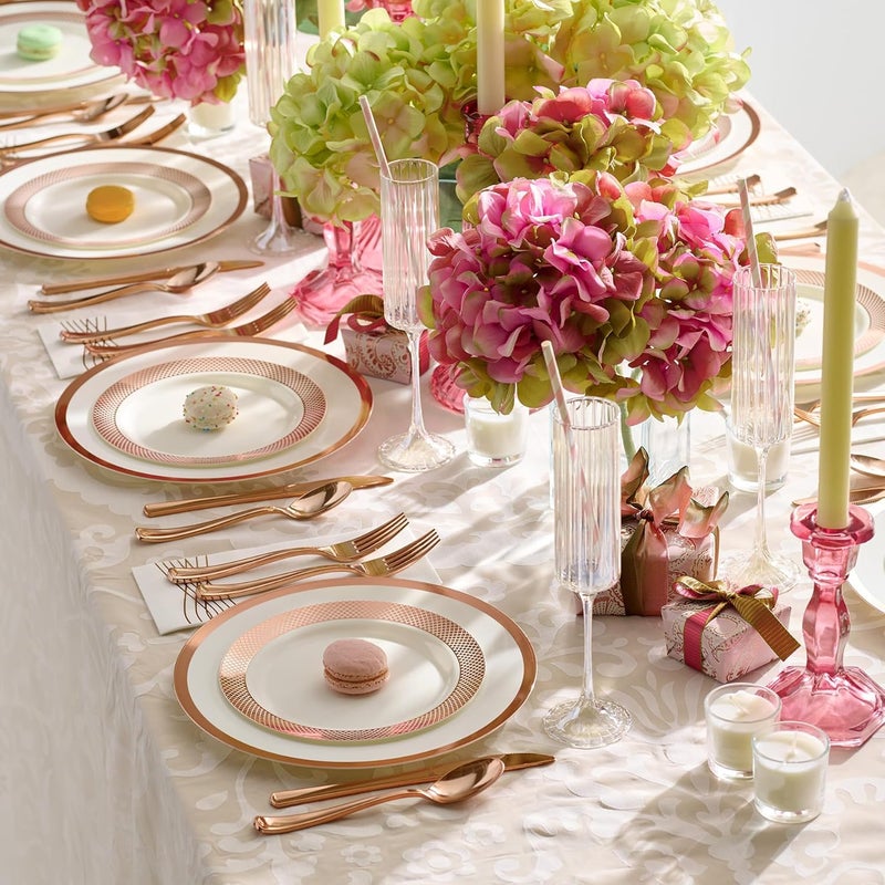 By Madee PREMIUM Elegant Disposable Dinnerware Set - 175 Pc Rose Gold Plastic Plates and Utensils Set with Luxury Napkins - Perfect as Pink Christmas Plates, Weddings, Bridal & Baby Shower (25 Guests) - Image 2