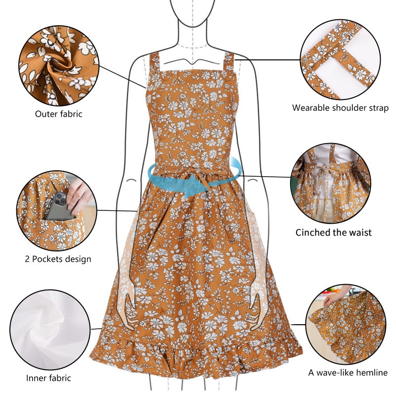 Pinknoke Vintage Pinafore Apron Dress for Women with Pockets Cute Floral Chef Aprons for Kitchen Cooking Baking Gardening (Tawny) - Image 3