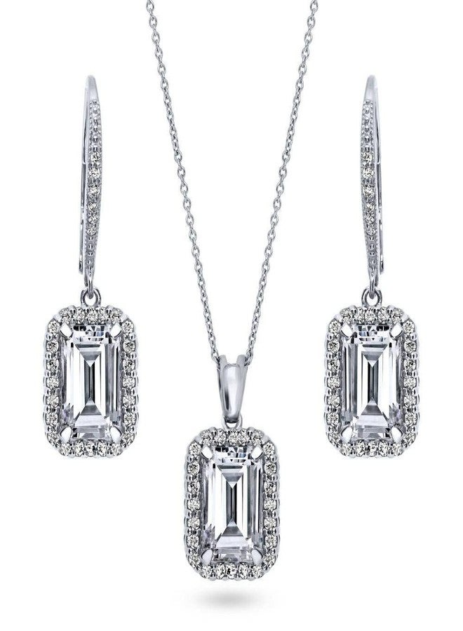 بيركيل طقم عقد وأقراط من الفضة الإسترلينية بيريكل، مرصع بأحجار الزركونيا المكعبة ذات القطع الزمردي، مطلي بالروديوم، للنساء - Image 1