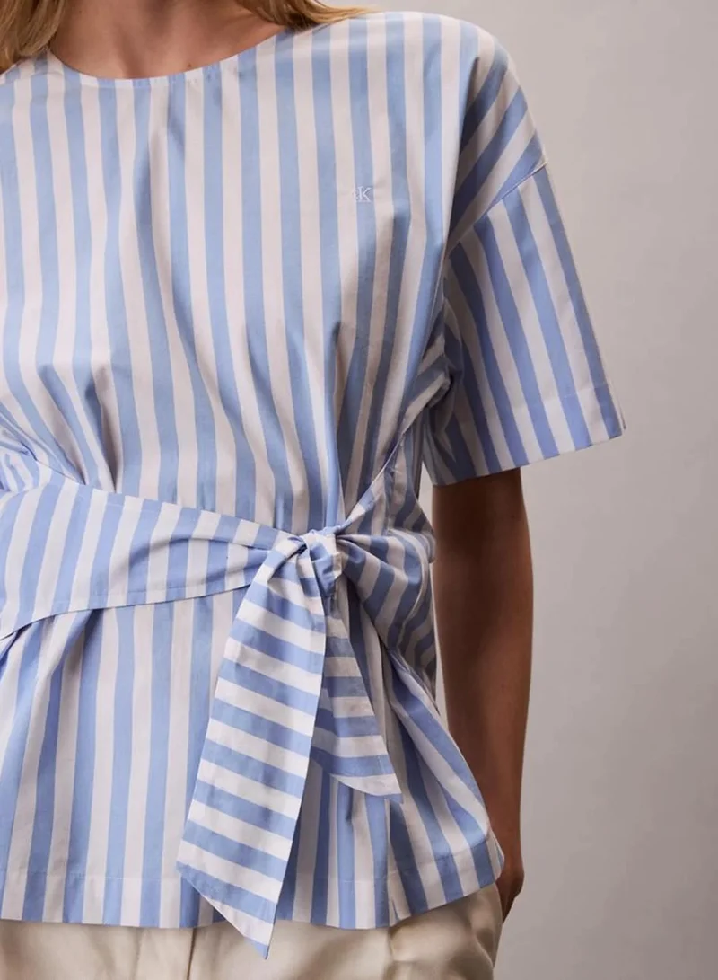 Calvin Klein Blue Descent Two Color Wide Stripe Cotton Poplin Wrap Top for Women | Best Price UAE