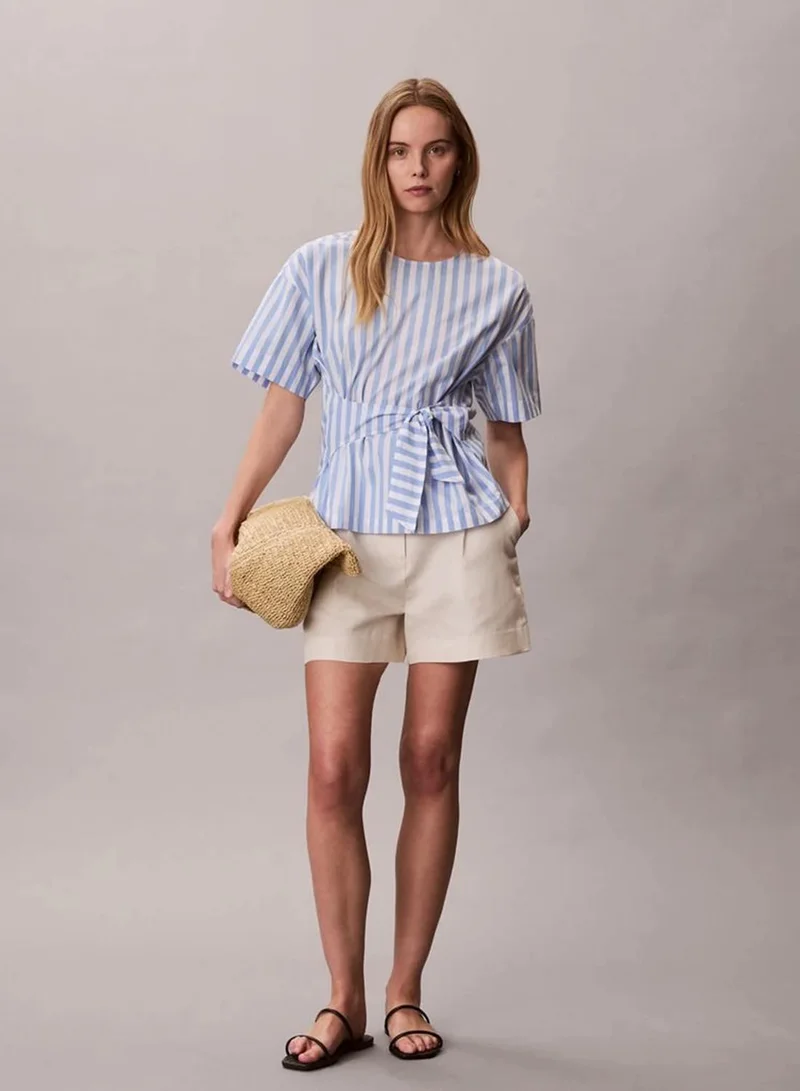 Calvin Klein Blue Descent Two Color Wide Stripe Cotton Poplin Wrap Top for Women | Best Price UAE