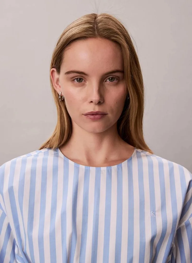 Calvin Klein Blue Descent Two Color Wide Stripe Cotton Poplin Wrap Top for Women | Best Price UAE