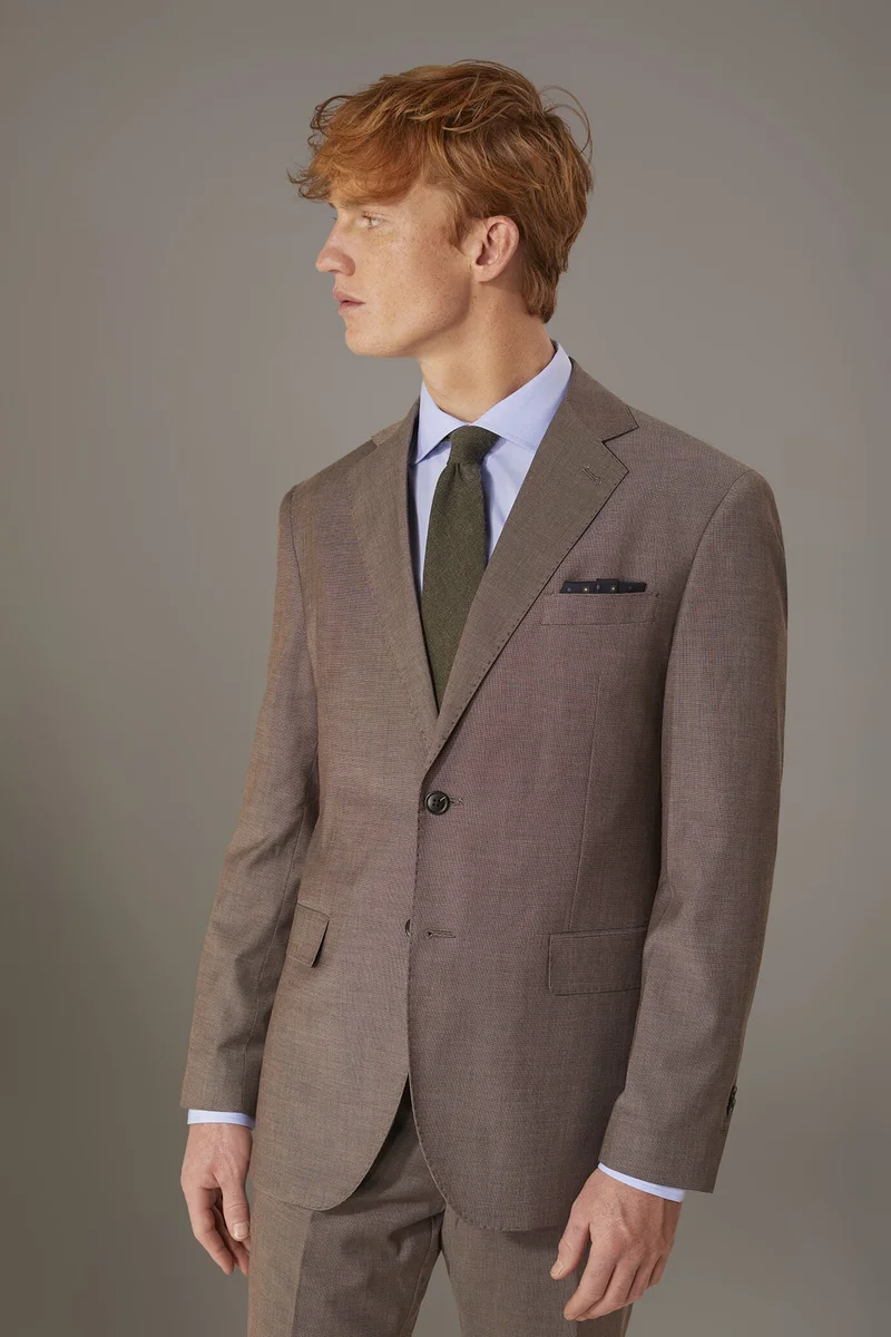 دوبل غانغر Men's single-breasted suit regular fit bird's eye fabric - Beige