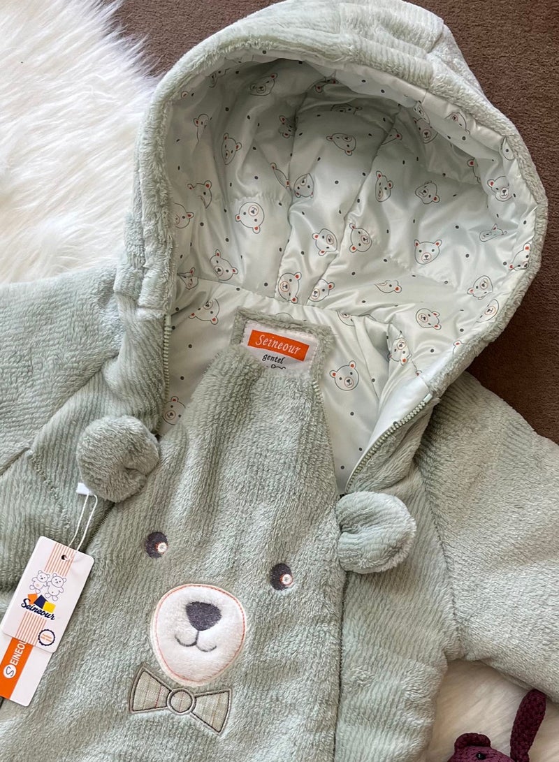 Senior Gentle Mint Color Three-layer Jumpsuit with Soft Fur Face, Printed Waterproof Lining and Fiber Layer in the Middle