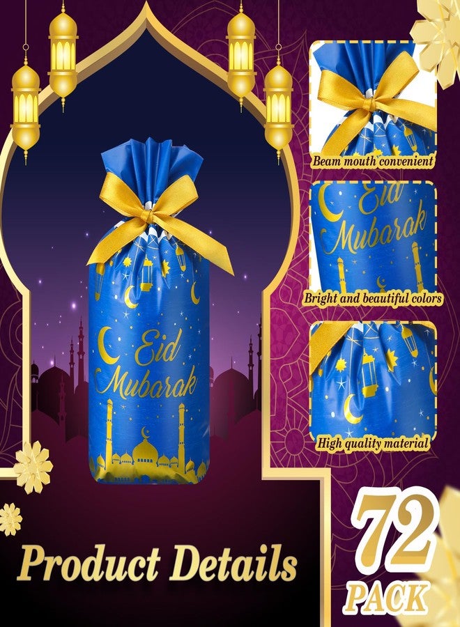 Trandraft 72 Pcs Eid Mubarak Gift Bags Plastic Treat Bags Drawstring Bags Eid Candy Goodie Bags Castle Moon Star Snack Wrap Bags for Eid Party Decorations Favors, 9.05 x 5.91 x 2 Inches - Image 3