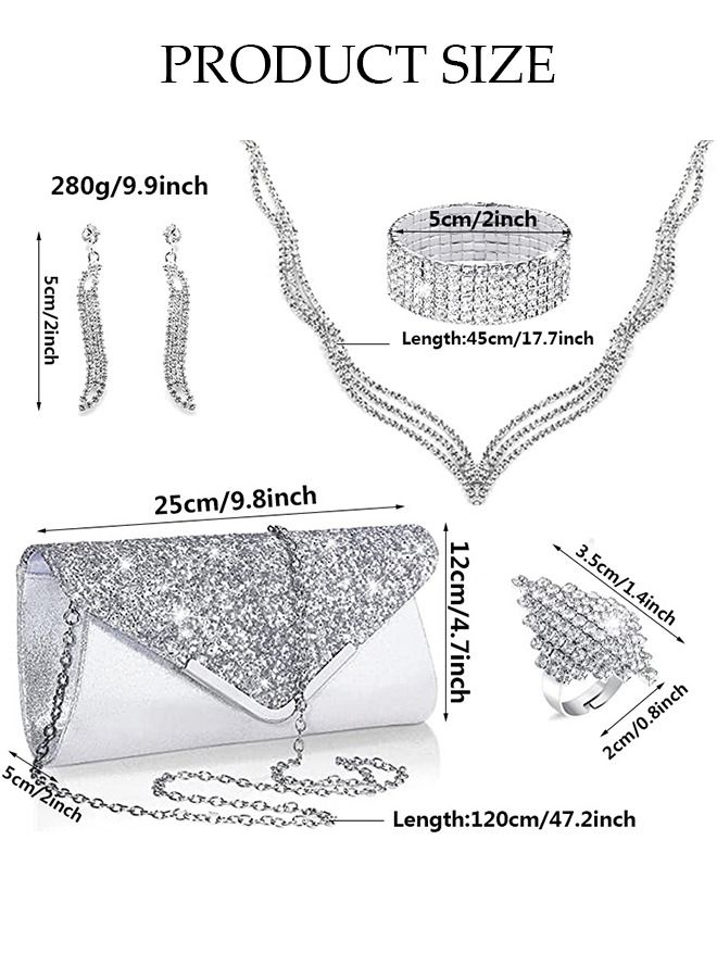 DUNISO 5Pcs Clutch Bag Rhinestone Jewelry Set with Necklace Earrings Bracelets Ring Rhinestone Purse Bag Glitter Evening Bag Wedding Bridal Bridesmaid Costume Jewelry Set for Women and Girls Dress Accessorie - Image 5