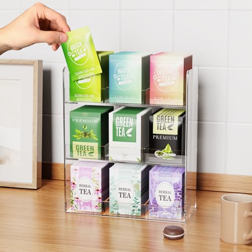 Laumffon Acrylic Tea Bag Organizer, 3 Layers Tea Bag Holder for Tea Packets, No Assembly Required, Wall Mount Display Tea Caddy for Countertop or Cabinet, 9 Slots - Image 3
