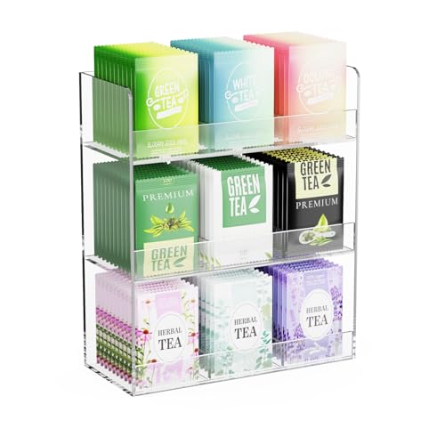 Laumffon Acrylic Tea Bag Organizer, 3 Layers Tea Bag Holder for Tea Packets, No Assembly Required, Wall Mount Display Tea Caddy for Countertop or Cabinet, 9 Slots - Image 1