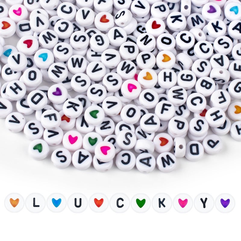 SUTOUG 1000PCS Colourful Letter Beads for Threading, 4 x 7 MM, A-Z White Letter Beads and Colourful Heart Beads, Acrylic Round Beads for Jewellery DIY Making Crafts Bracelets Necklaces Ornaments Penda - Image 1