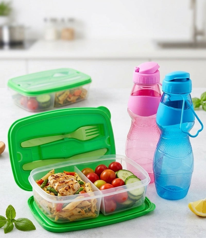 Complete Set 4 Pcs pIncluding 2 Divided Food Container with 2 Water Bottle and Lunchbox Set for Work and School - Image 1