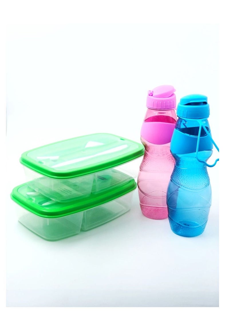Complete Set 4 Pcs pIncluding 2 Divided Food Container with 2 Water Bottle and Lunchbox Set for Work and School - Image 2