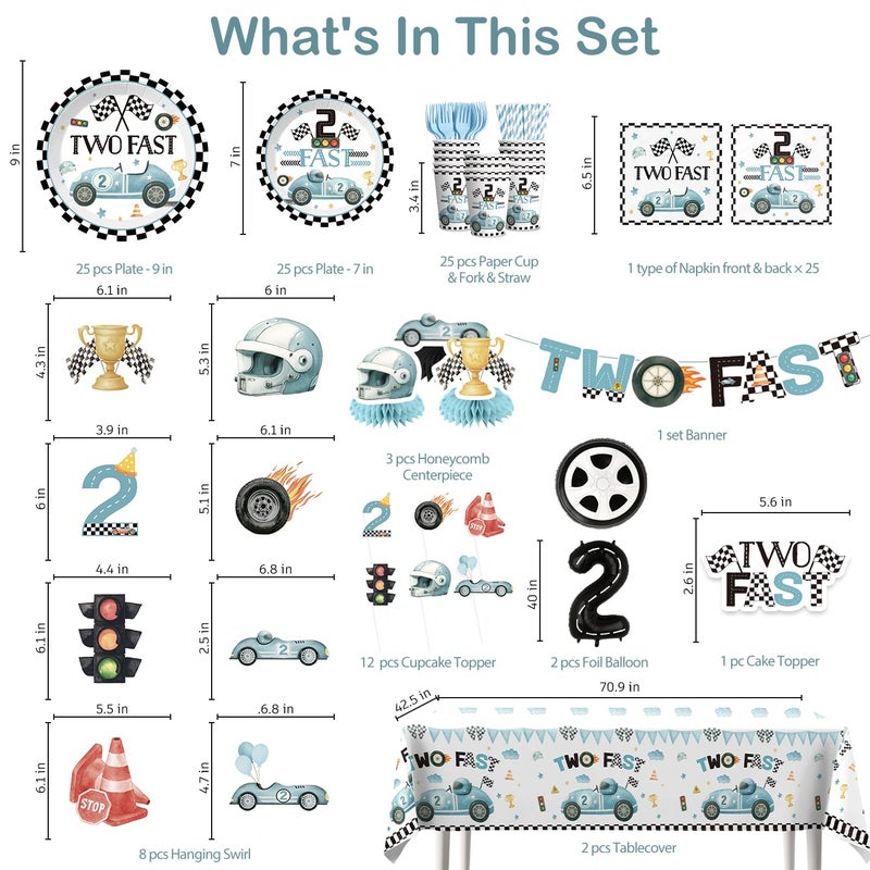 Xynic 187Pcs Two Fast Birthday Decor Tableware Set Serve 25 Guests, 2 Fast Birthday Decorations Includes Banner, Plates, Tablecloth, Cups, Balloons, Cake Topper - Image 2