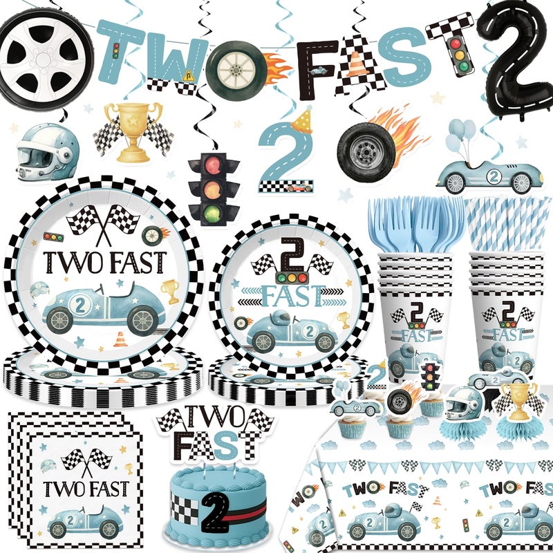 Xynic 187Pcs Two Fast Birthday Decor Tableware Set Serve 25 Guests, 2 Fast Birthday Decorations Includes Banner, Plates, Tablecloth, Cups, Balloons, Cake Topper - Image 1