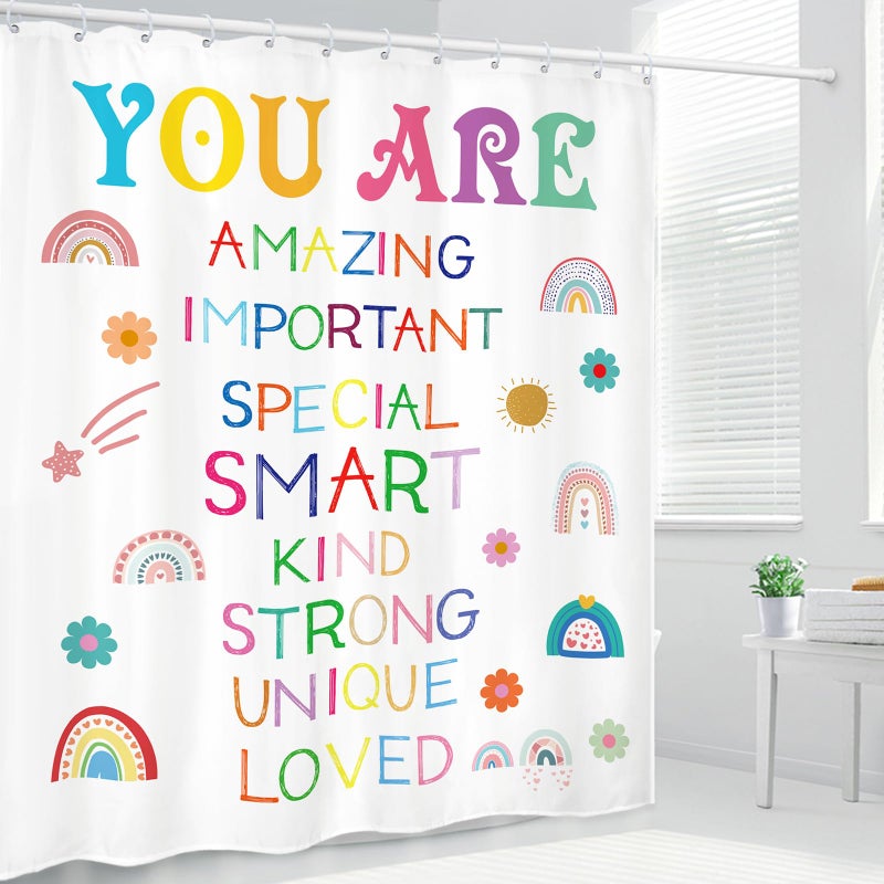 Kalmico Kalmico Girls Quotes Inspirational Shower Curtain 60Wx72L Inch Rainbow You are Motivational Positive Kids Nursery Bathroom Set Accessories Decor Polyester Waterproof with 12 Pack Hooks - Image 1