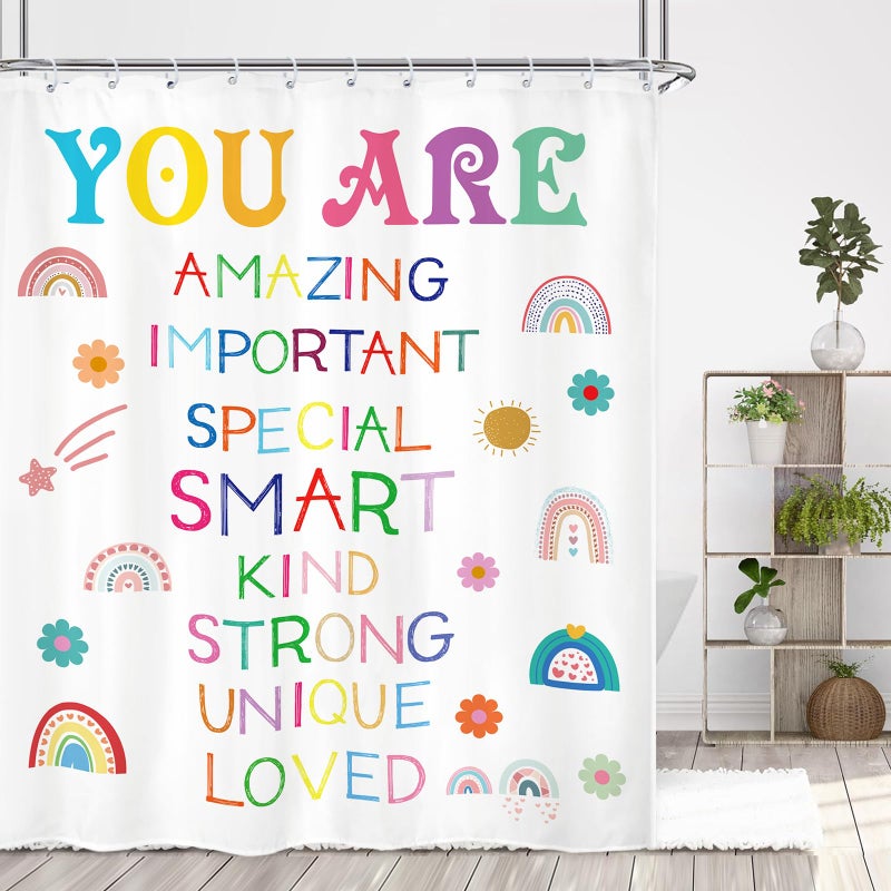 Kalmico Kalmico Girls Quotes Inspirational Shower Curtain 60Wx72L Inch Rainbow You are Motivational Positive Kids Nursery Bathroom Set Accessories Decor Polyester Waterproof with 12 Pack Hooks - Image 3
