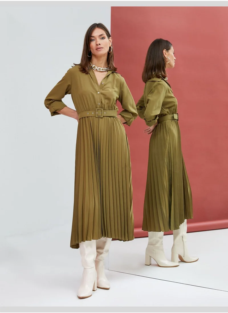 KOTON Pleated Belted Button Detail Maxi Dress