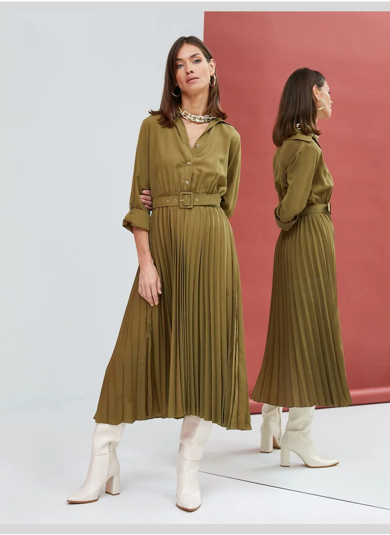 KOTON Pleated Belted Button Detail Maxi Dress