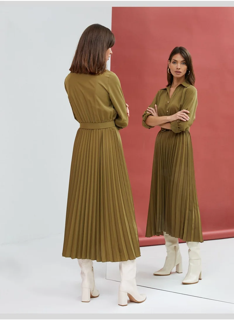 KOTON Pleated Belted Button Detail Maxi Dress