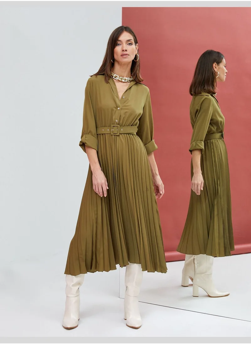 KOTON Pleated Belted Button Detail Maxi Dress