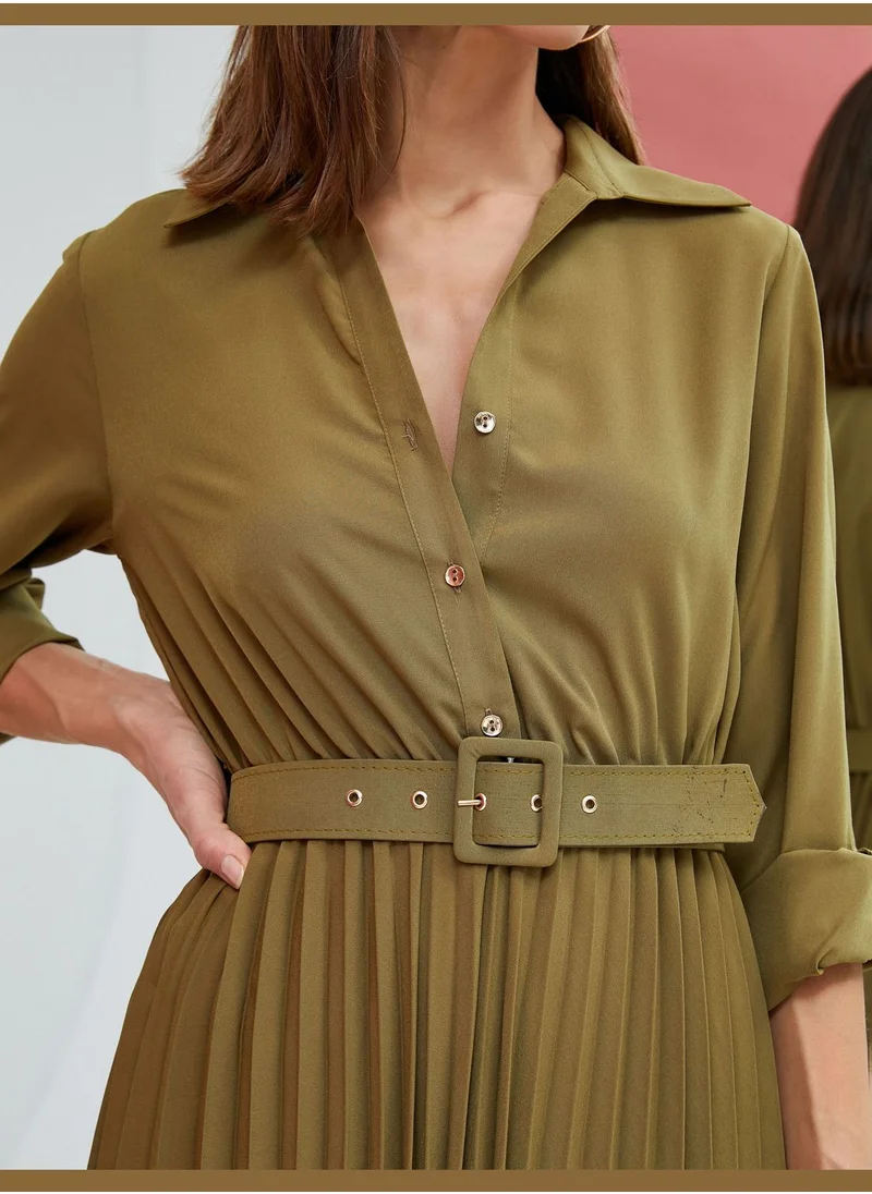 KOTON Pleated Belted Button Detail Maxi Dress