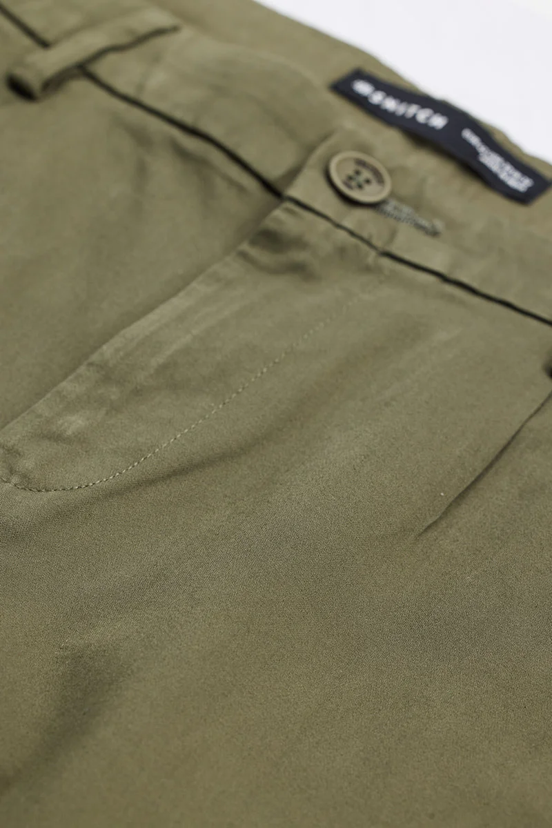 SNITCH Olive Slim Fit Pleated Trousers