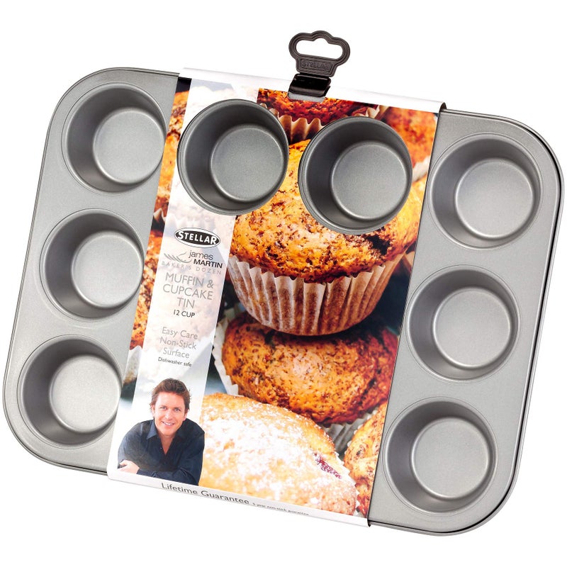 Stellar James Martin NonStick CupcakeMuffin Tin with 12 Cups High Grade Steel Dishwasher Safe 35cm x 27cm x 3cm