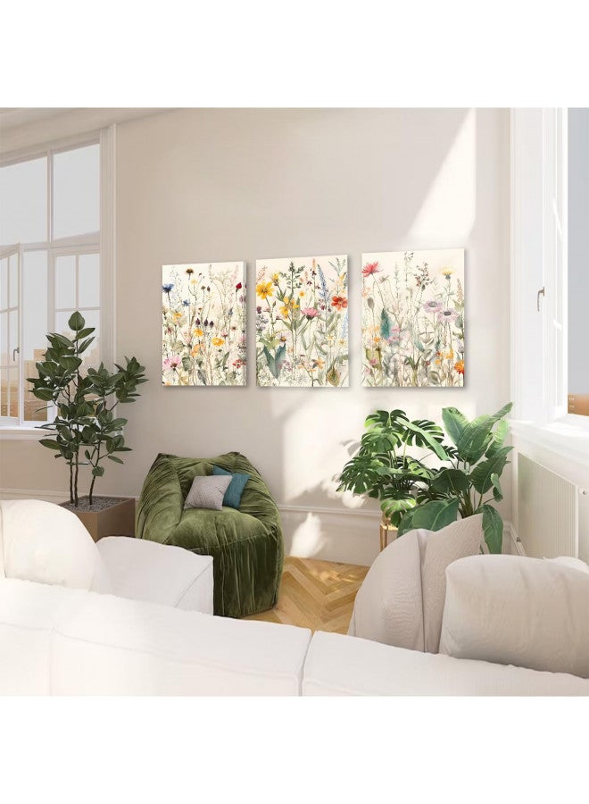KBKBART مجموعة من 3 لوحات قماش مؤطرة، فن جدار زهري بسيط، ديكور مزرعة، ديكور جدار بأسلوب بوهيمي، لوحات مائية لزهور برية، طباعة فنية نباتية ملونة حديثة للحمام - Image 2