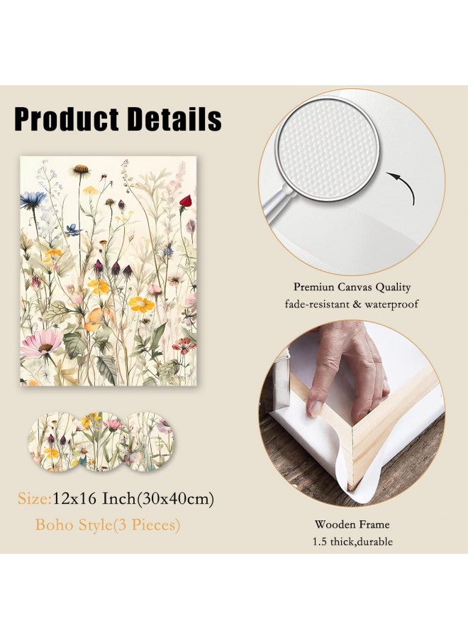 KBKBART مجموعة من 3 لوحات قماش مؤطرة، فن جدار زهري بسيط، ديكور مزرعة، ديكور جدار بأسلوب بوهيمي، لوحات مائية لزهور برية، طباعة فنية نباتية ملونة حديثة للحمام - Image 4