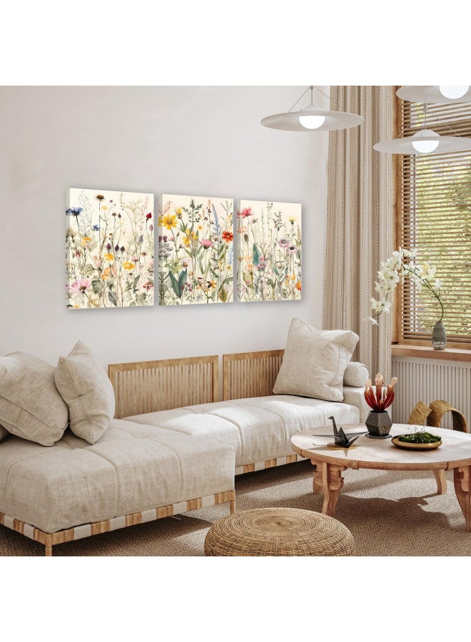 KBKBART مجموعة من 3 لوحات قماش مؤطرة، فن جدار زهري بسيط، ديكور مزرعة، ديكور جدار بأسلوب بوهيمي، لوحات مائية لزهور برية، طباعة فنية نباتية ملونة حديثة للحمام - Image 1
