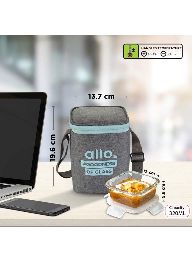 Allo Allo Food Safe Borosilicate Glass Lunch Box, 450C Microwave Safe Lunch Box, Borosilicate Borosilicate Glass Tiffin for Office with Canvas Grey Tiffin Bag, Set of 3, 320ml x 3, Square  - Image 4