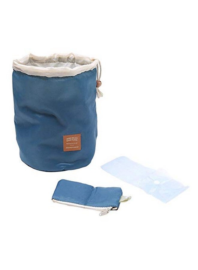 إيّو إيسيز حقيبة دلو مستحضرات التجميل Aeoss ® حقيبة سفر أسطوانية من النايلون عالية السعة مع منظم مكياج أنيق من الدانتيل (أزرق) - Image 1