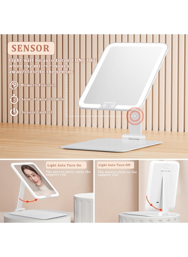 wobsion مرآة مكياج سفر 8 * 6.1 إنش مرآة مكياج قابلة للشحن محمولة قابلة للطي مع أضواء 3 ألوان مرآة مضيئة مع 58 ليد قابل للتعتيم زوايا متعددة وقابل للتعديل العالي 1500 مللي أمبير هدية بيضاء - Image 3