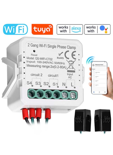 Tuya WiFi 2 Gang 80A مرحلة واحدة المشبك الشمسية الكهروضوئية ثنائية الاتجاه اتجاهين مقياس الطاقة الهاتف المحمول التطبيق التحكم الحالي محول الجدول الزمني جهاز أتمتة المنزل