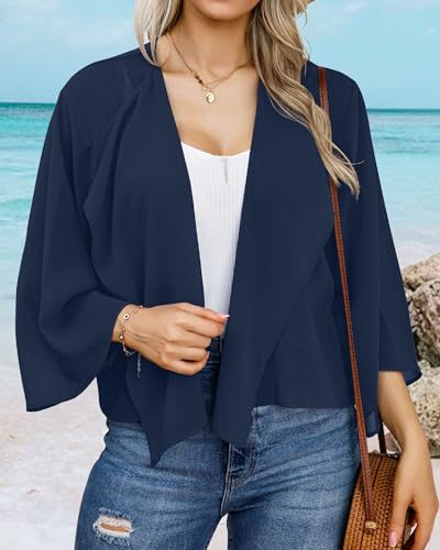 rosemia Women's 3/4 Sleeve Kimono Cropped Cardigan Summer Bolero Short Shrugs Jackets (NavyBlue,S) - Image 4