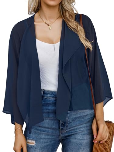 rosemia Women's 3/4 Sleeve Kimono Cropped Cardigan Summer Bolero Short Shrugs Jackets (NavyBlue,S) - Image 1