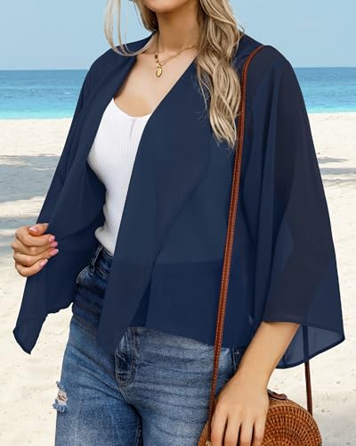 rosemia Women's 3/4 Sleeve Kimono Cropped Cardigan Summer Bolero Short Shrugs Jackets (NavyBlue,S) - Image 3