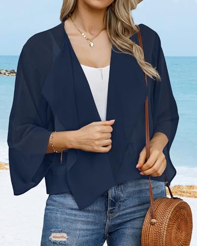 rosemia Women's 3/4 Sleeve Kimono Cropped Cardigan Summer Bolero Short Shrugs Jackets (NavyBlue,S) - Image 5
