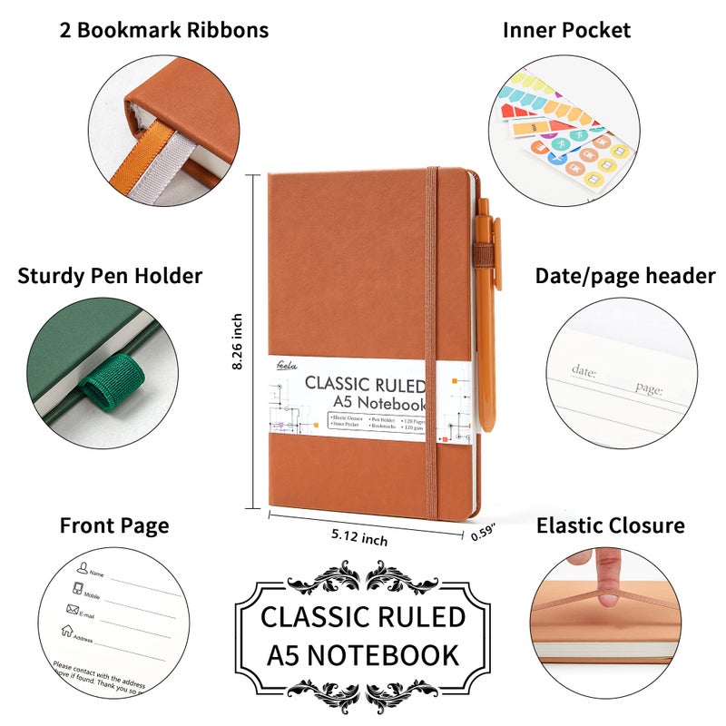 feela Hardcover Notebook For Work, Classic Ruled Lined Journal Set School Business Supplies, with 3 Black Pens, 120 GSM, 5.1â€x8.3â€, 3 Pack, A5, Vintage Colors - Image 2