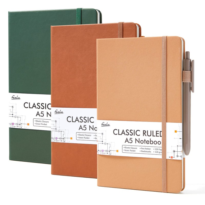 feela Hardcover Notebook For Work, Classic Ruled Lined Journal Set School Business Supplies, with 3 Black Pens, 120 GSM, 5.1â€x8.3â€, 3 Pack, A5, Vintage Colors - Image 1