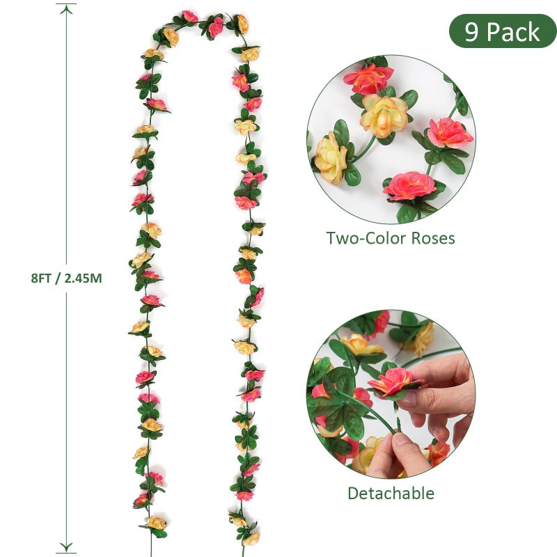 KHOYIME 9 Pack 72 FT Artificial Flower Garland, Fake Champagne Roses Vines Silk Flowers Faux Outdoor Hanging Floral Ivy Garland Decoration for Wedding Arch Bedroom Home Wall Backdrop Room Decor - Image 3