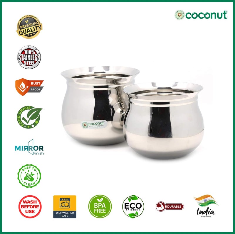 Coconut Stainless Steel Handi Without Lid – Heavy Duty Casserole Pot for Indian Cooking, Gas & Induction Compatible, Mirror Finish, Rust-Resistant Cookware | Set of 2 | 450ml, 750ml - Image 2